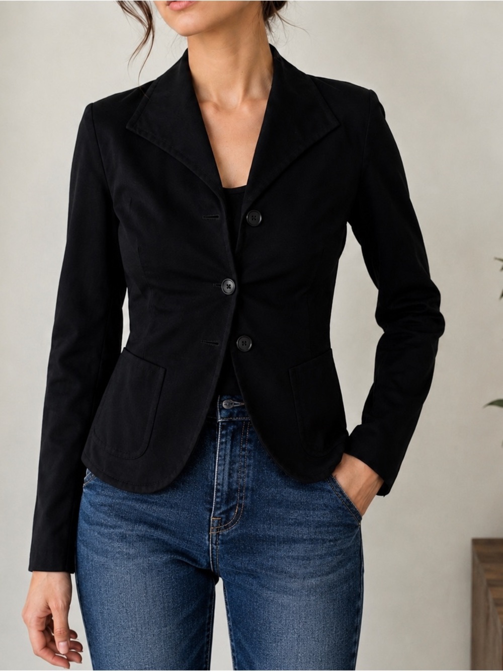 SISLEY Black Stretch Blazer – Two-Pocket Tailored Jacket, Size M, Made in Italy